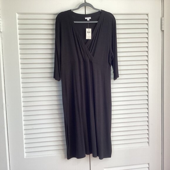 NWT J.Jill Black Midi Dress Size L Stretchy Knit Rayon Crossover Casual Surplice - Picture 2 of 12